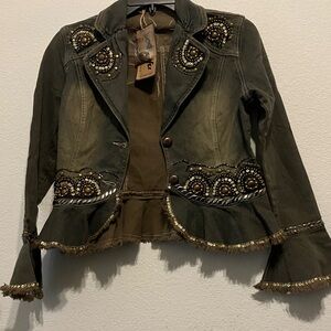 Angfu Authentic Art-to-Wear Embellished Jacket Grey Stonewash S